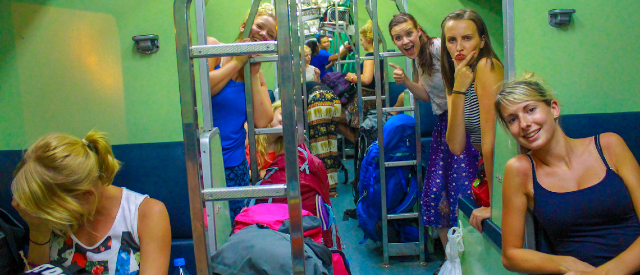 Backpacking group relaxing in an overnight train cabin with sleeping berths