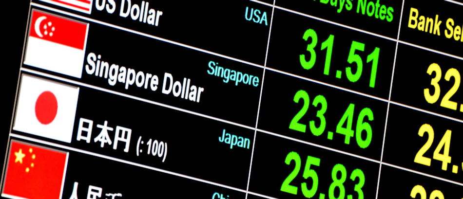 A digital display shows currency exchange rates for US, Singapore, Japanese, and Chinese currencies.
