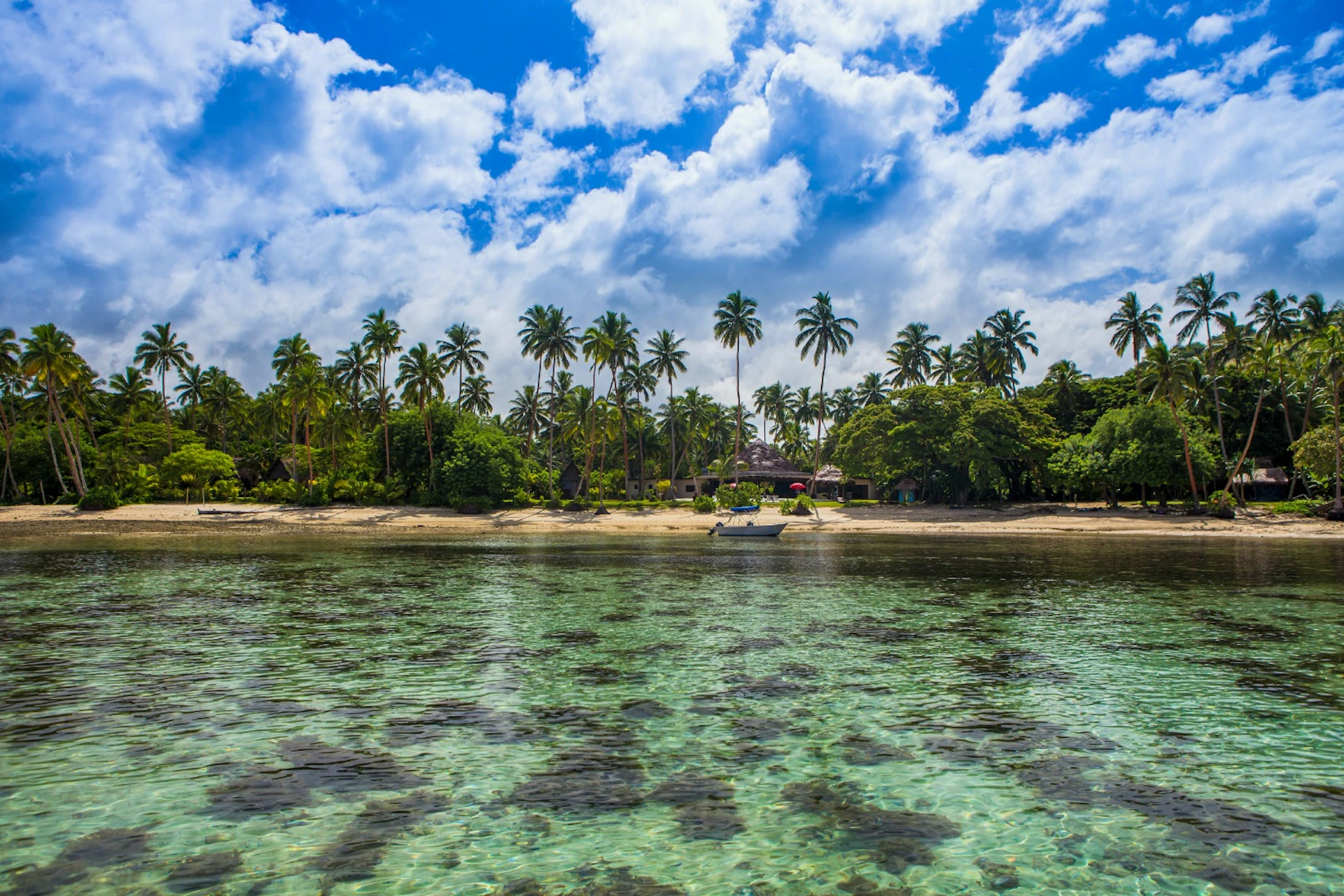 Idyllic Fijian beach with clear water, sandy shore, palm trees, and a small boat.