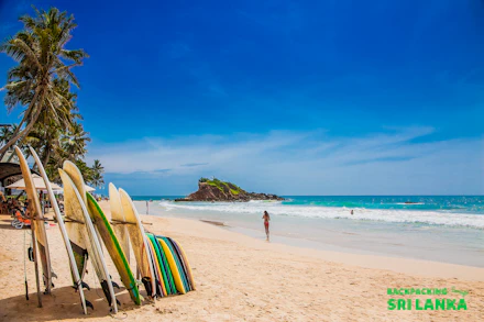 Surfboards line a beautiful sandy beach in Sri Lanka with a person walking towards the blue ocean.