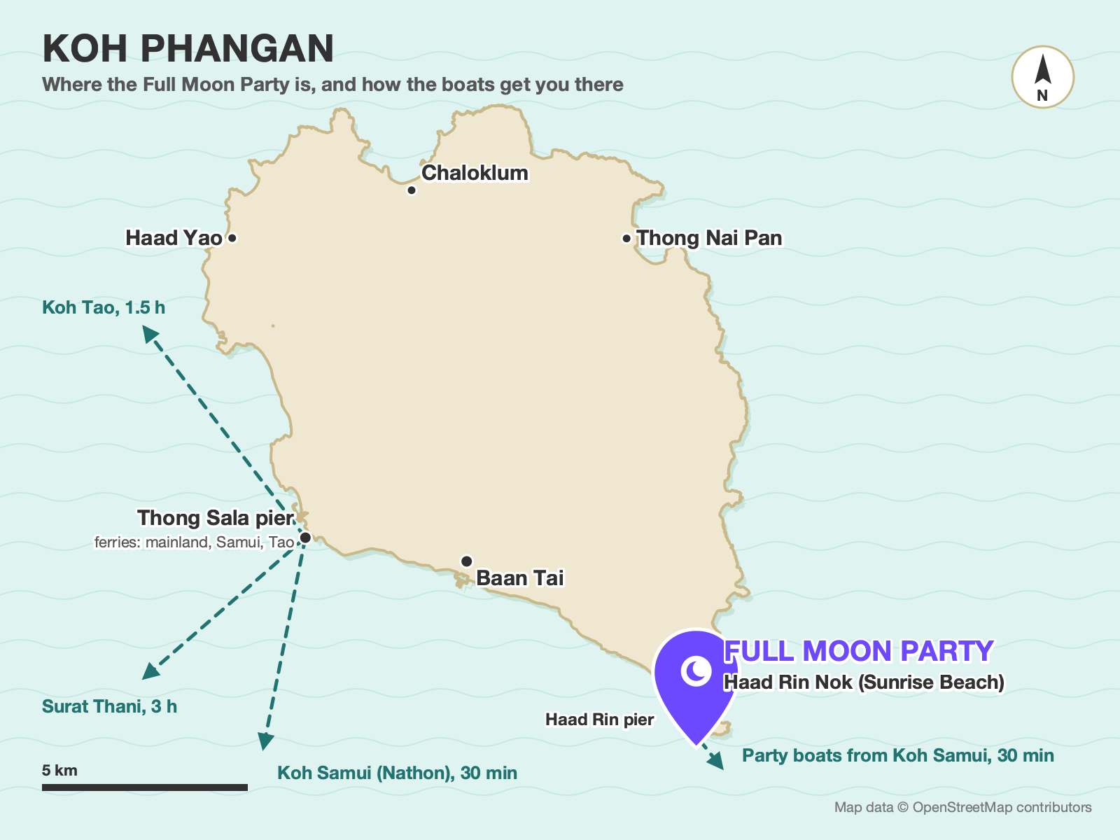 Map of Koh Phangan showing Haad Rin Nok, the Full Moon Party beach, Thong Sala pier and the ferry routes from Koh Samui, Koh Tao and Surat Thani