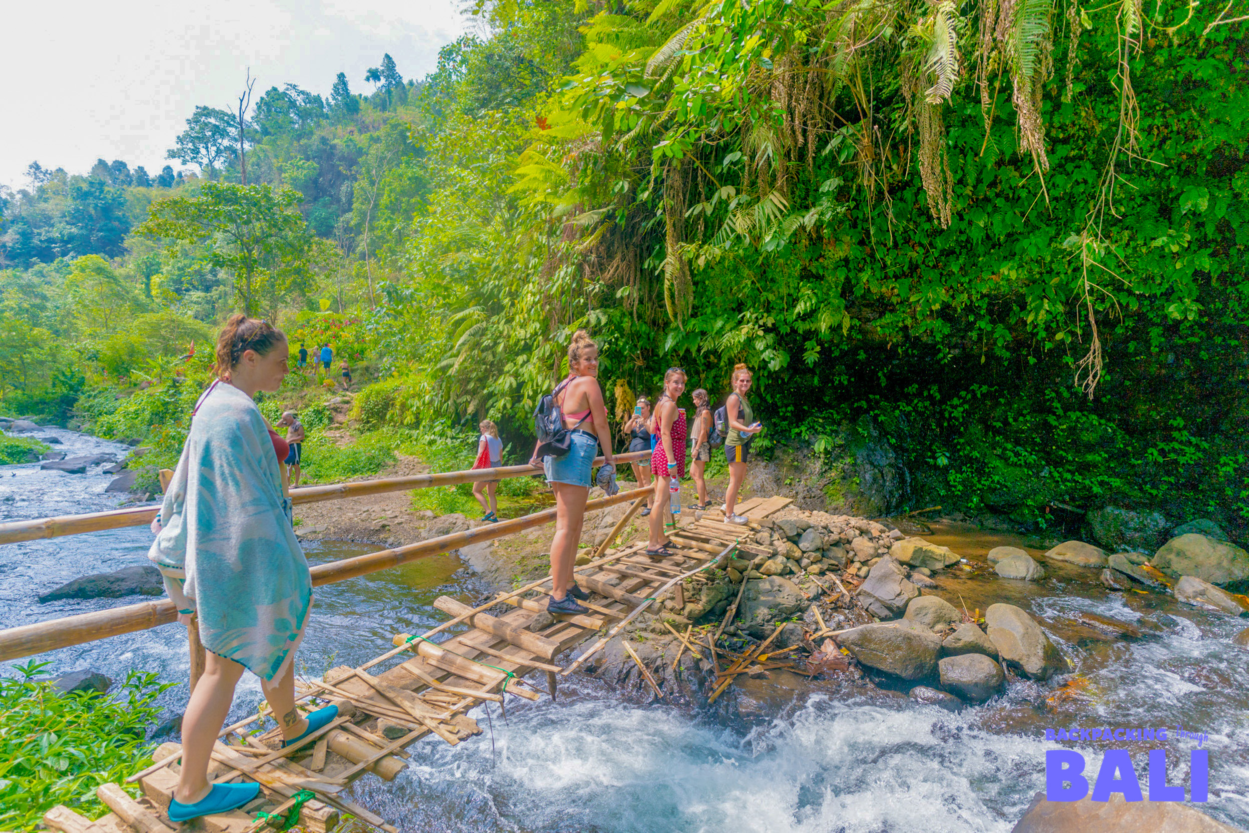 Travellers walking along a rocky path through the jungle