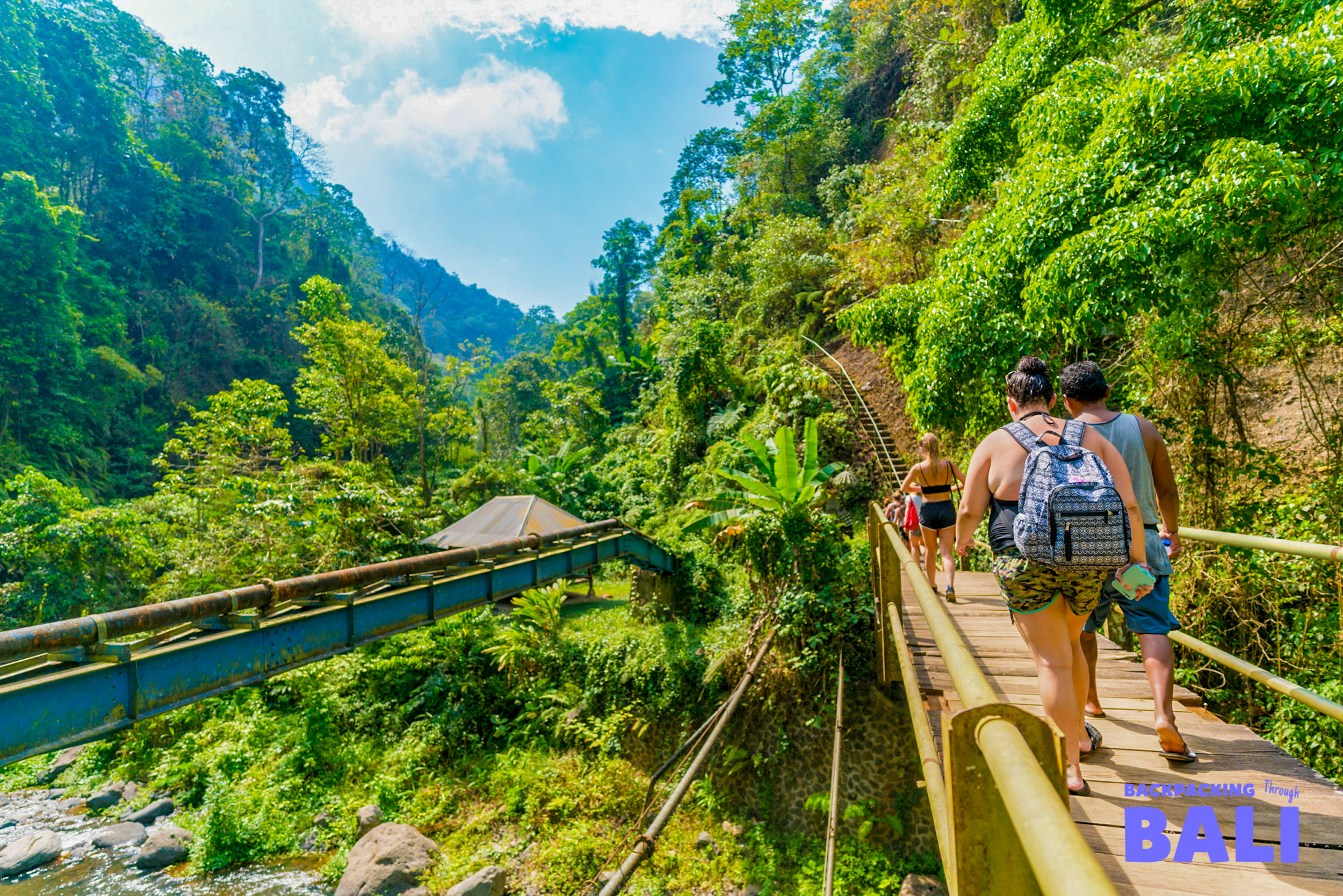 Travellers crossing a wooden suspension bridge over a lush valley