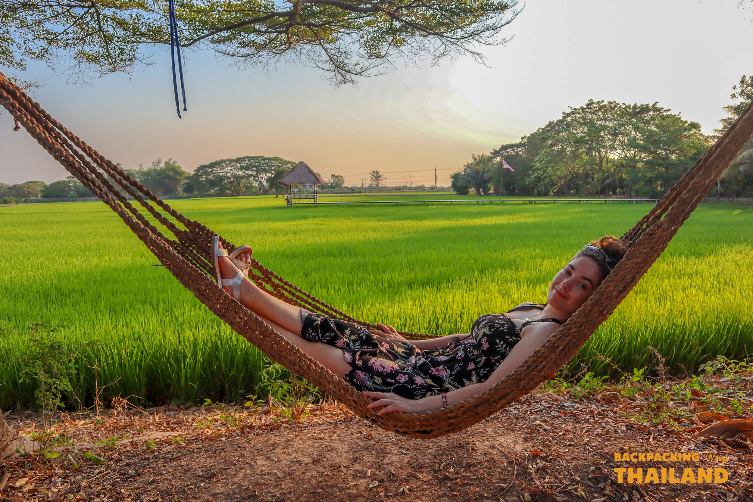 A woman unwinds in a hammock by vibrant green rice fields during a beautiful sunset in Singburi.