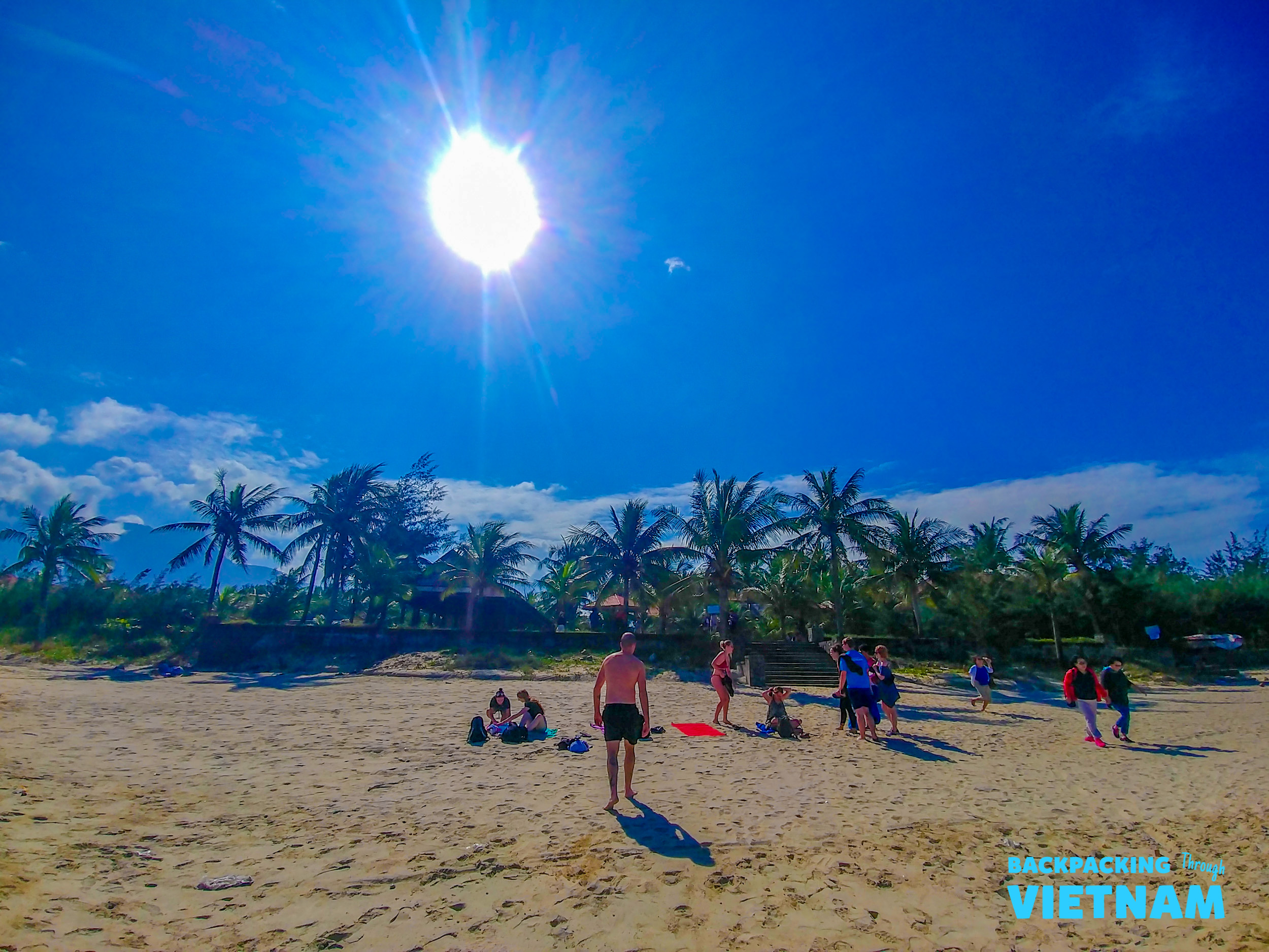 Backpacking group relaxing on Nha Trang beach with palm trees