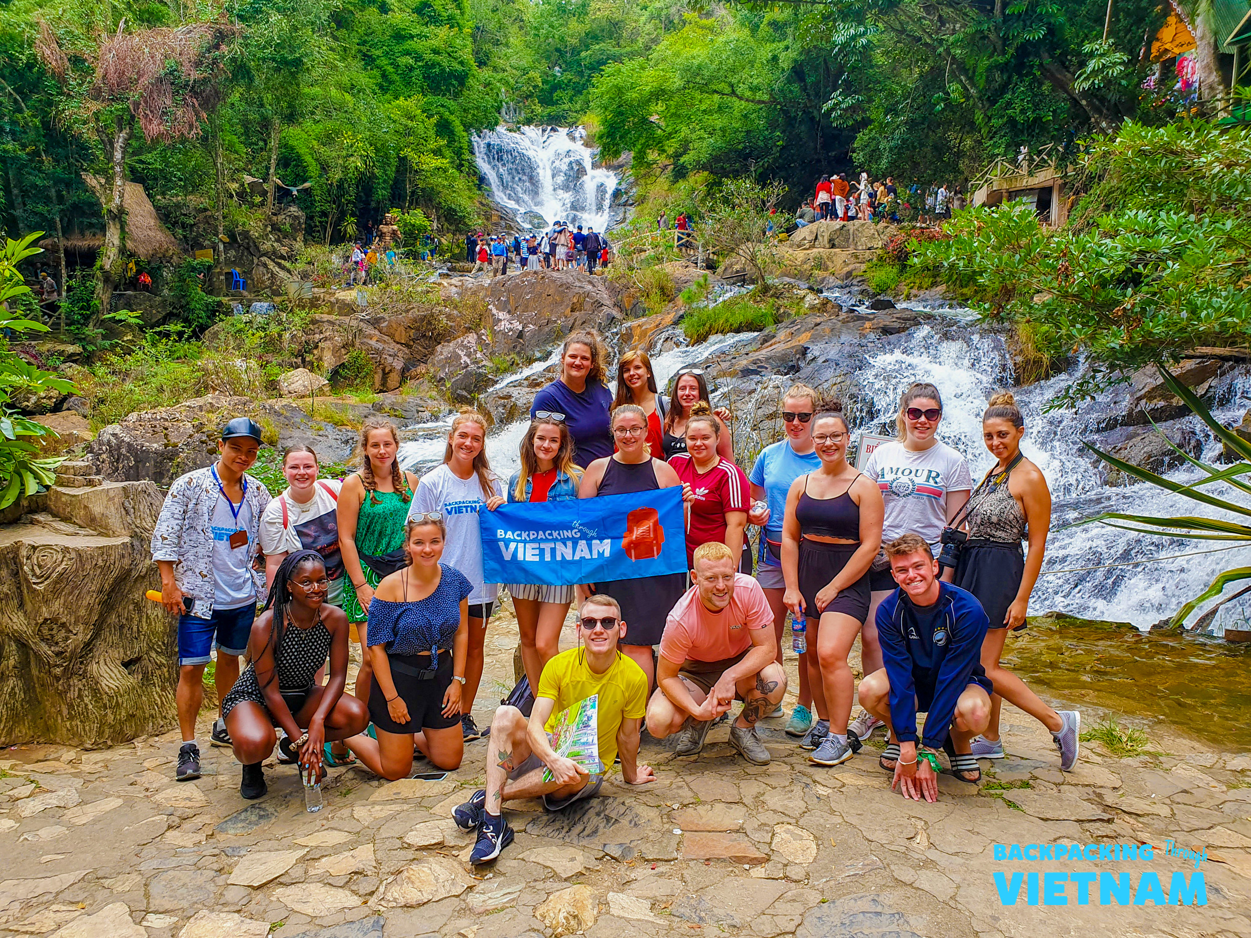 Friends posing together at Dalat waterfall