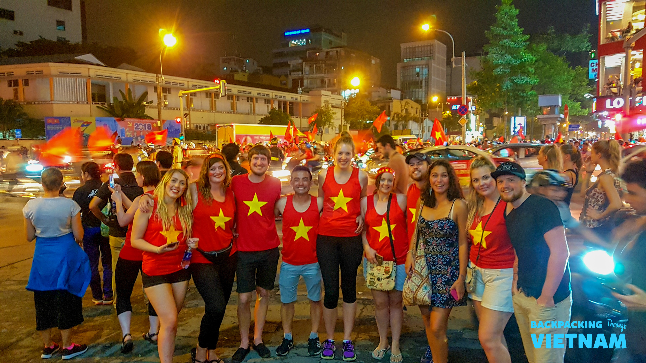 Friends wearing Vietnam star shirts in Saigon