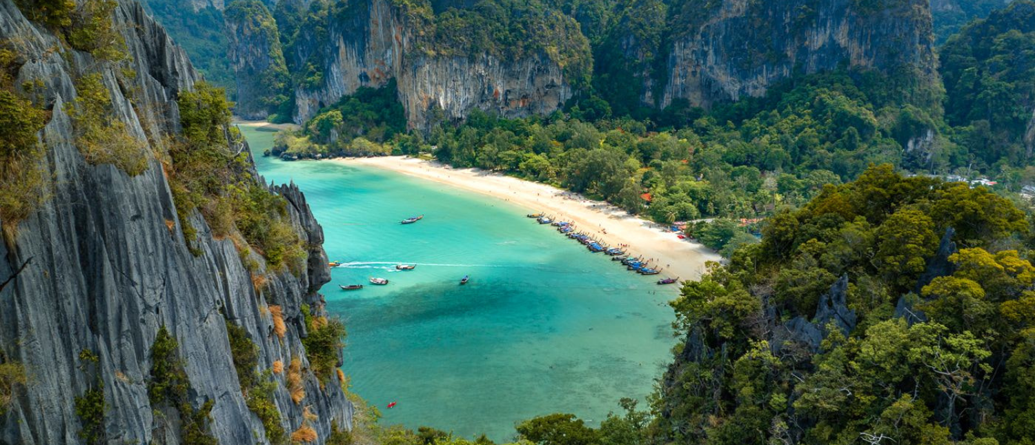 Scenic view of turquoise lagoon and limestone cliffs from Railay viewpoint