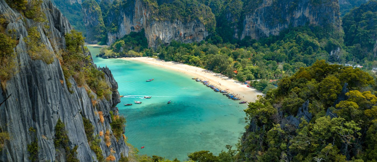 Scenic view of turquoise lagoon and limestone cliffs from Railay viewpoint