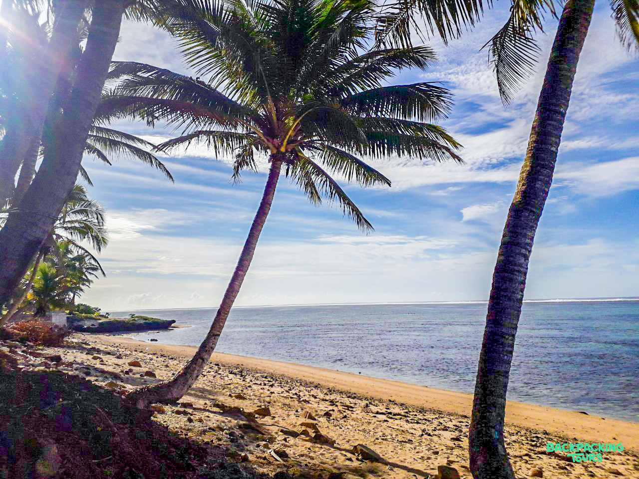 Idyllic tropical beach in Fiji with golden sand, leaning palm trees, and clear blue ocean.