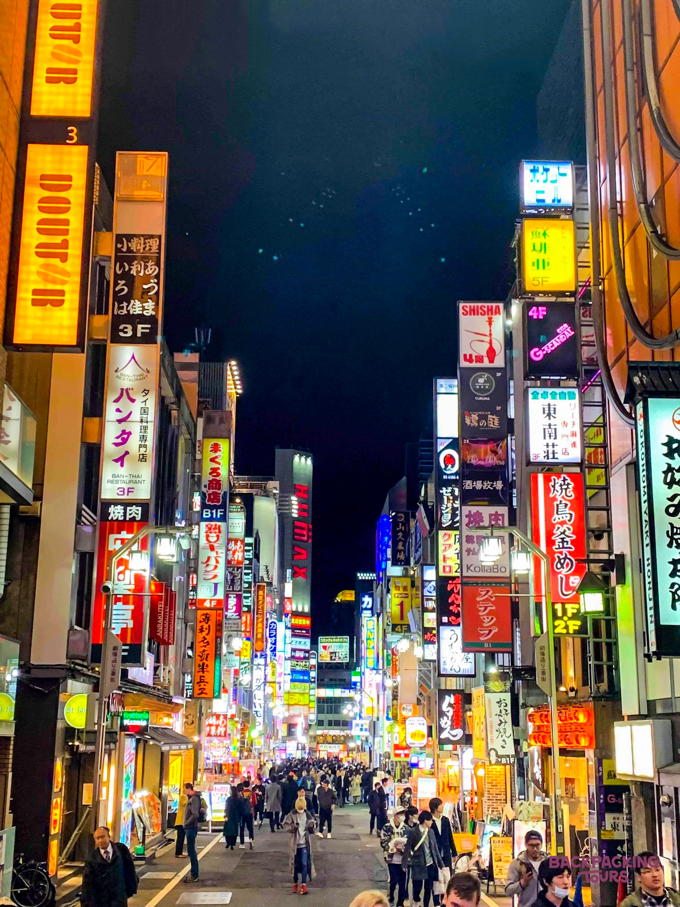 Tokyo's electric town comes alive at night with dazzling neon lights and busy street life.