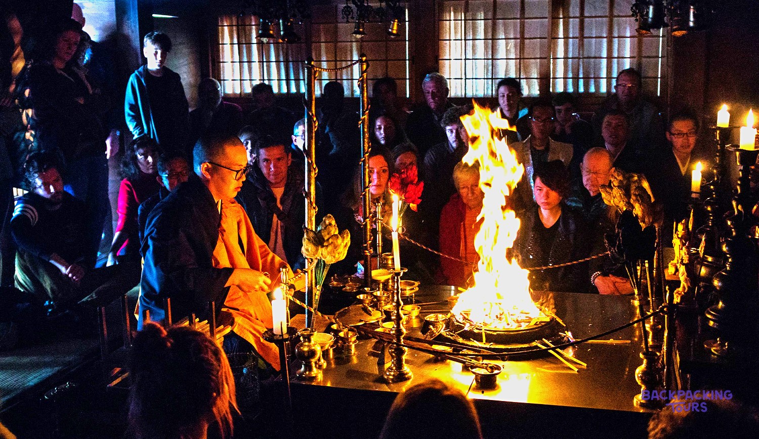 Buddhist monks performing the morning fire ceremony at a Koyasan temple