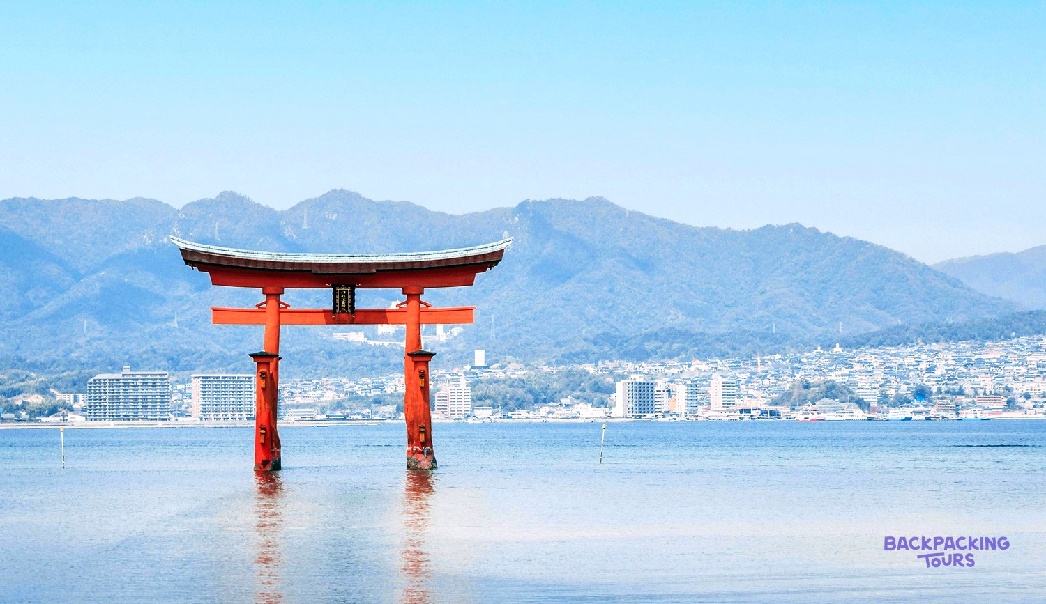 The floating red Torii gate of Itsukushima Shrine on Miyajima Island