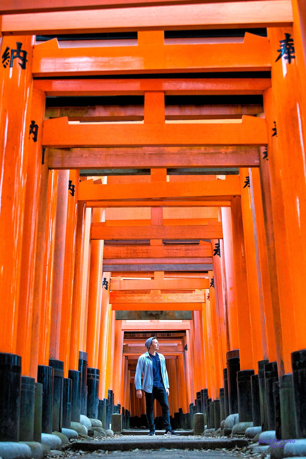 Traveller walking through the endless vermilion torii gates of Fushimi-Inari