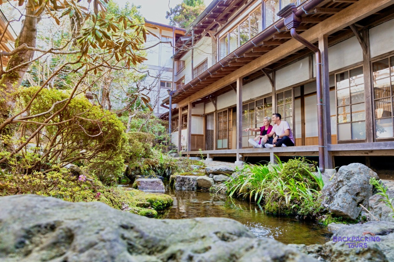 Wooden temple buildings and mossy gardens in Koyasan