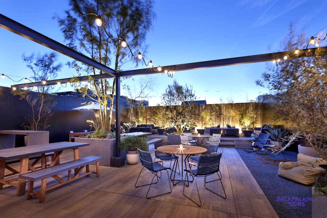 Rooftop terrace at the group's Kyoto hostel at dusk