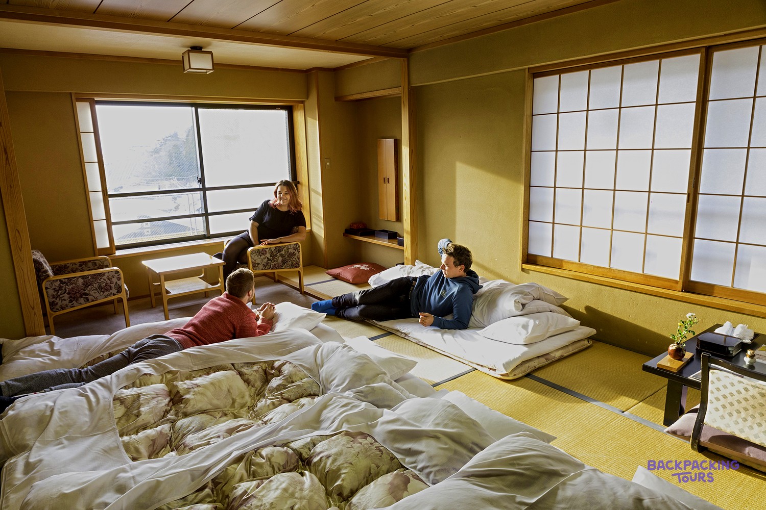 Tatami room with futon bedding at the group's traditional Nagano stay