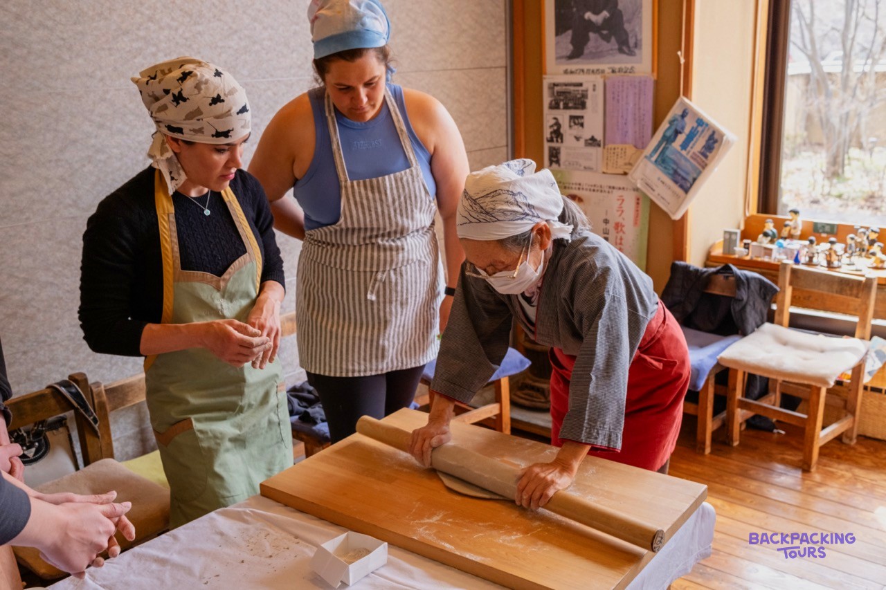 Rolling out fresh soba noodles by hand in Nagano