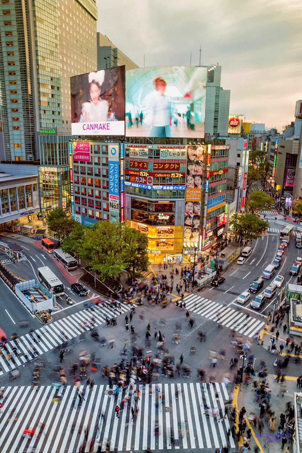 Bird's-eye view of Tokyo's Shibuya Crossing at rush hour