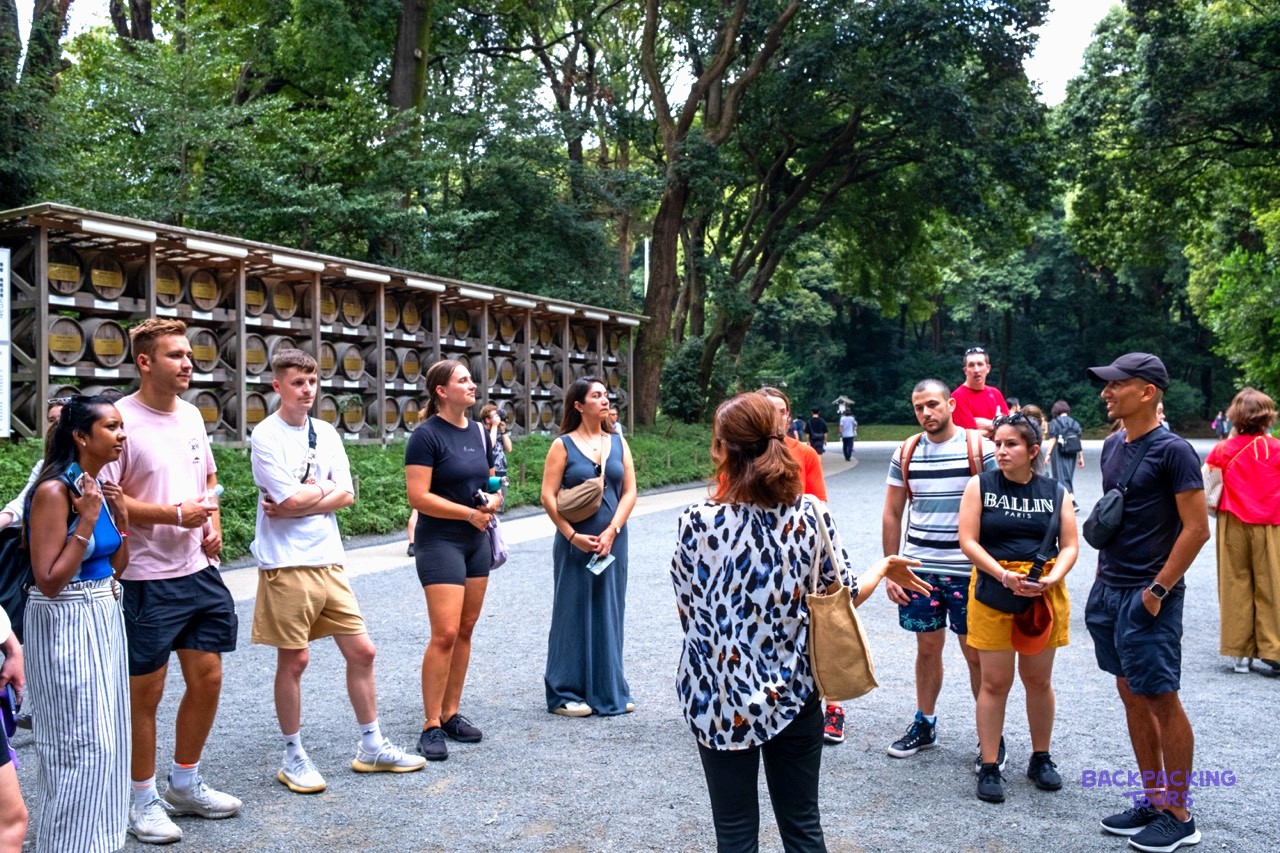 Group gathered with their leader on a Tokyo walking tour