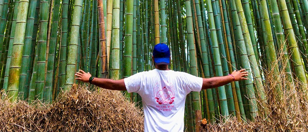 Traveller with arms outstretched among the towering stalks of Arashiyama Bamboo Forest