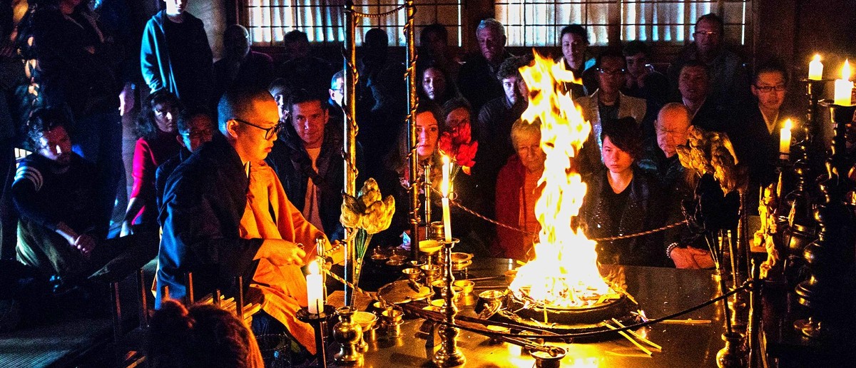 Buddhist monks performing the morning fire ceremony at a Koyasan temple