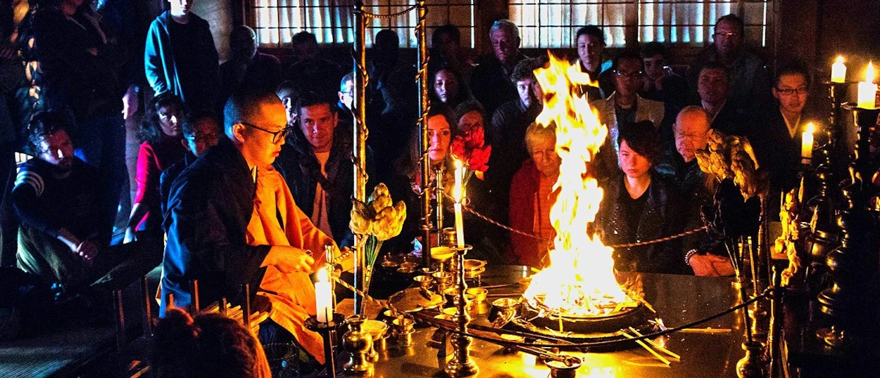Buddhist monks performing the morning fire ceremony at a Koyasan temple