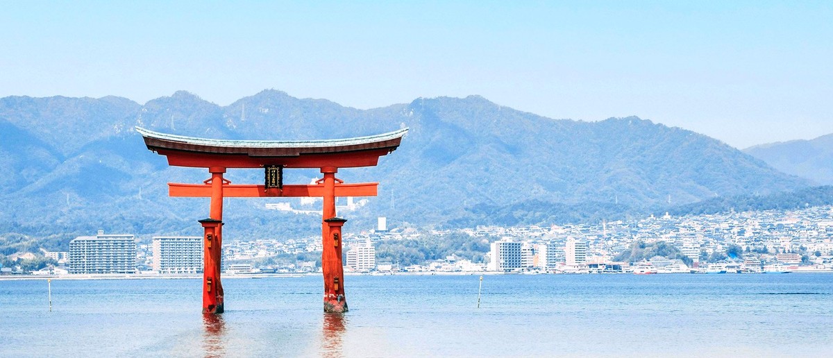 The floating red Torii gate of Itsukushima Shrine on Miyajima Island