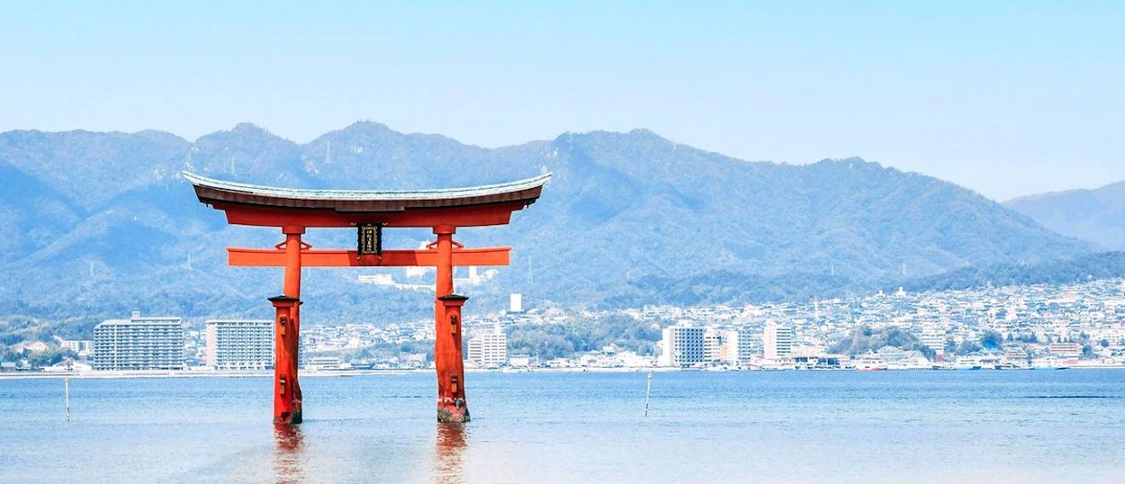 The floating red Torii gate of Itsukushima Shrine on Miyajima Island
