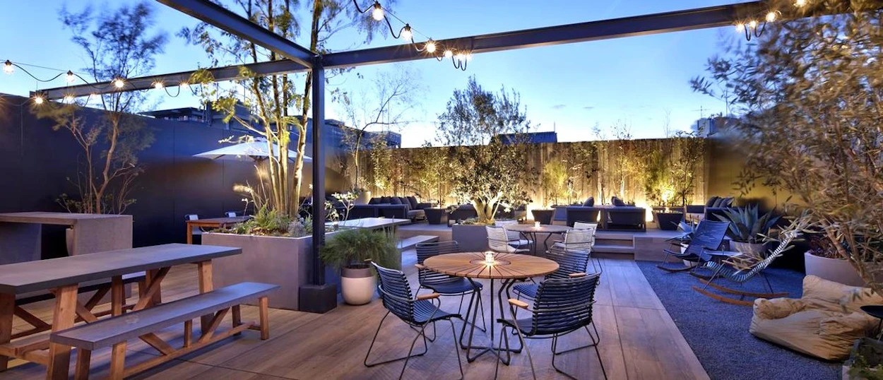 Rooftop terrace at the group's Kyoto hostel at dusk