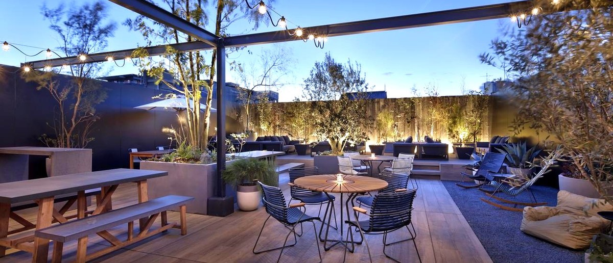 Rooftop terrace at the group's Kyoto hostel at dusk