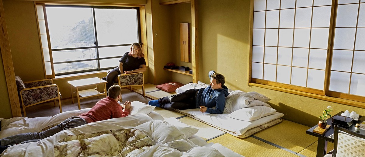 Tatami room with futon bedding at the group's traditional Nagano stay
