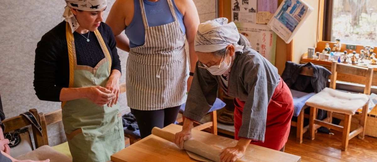 Rolling out fresh soba noodles by hand in Nagano