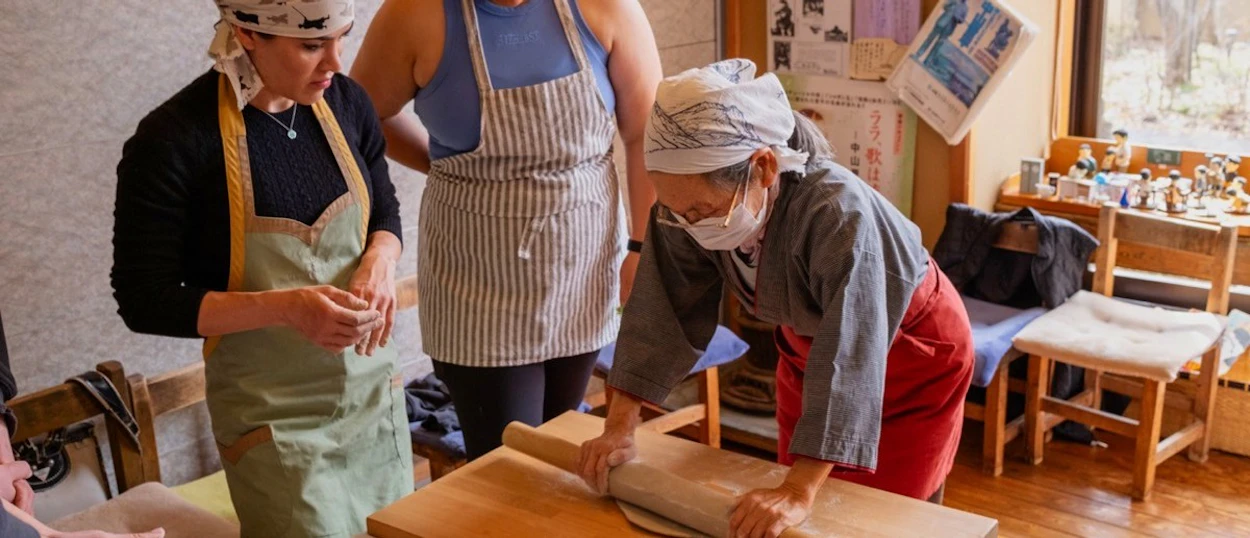 Rolling out fresh soba noodles by hand in Nagano