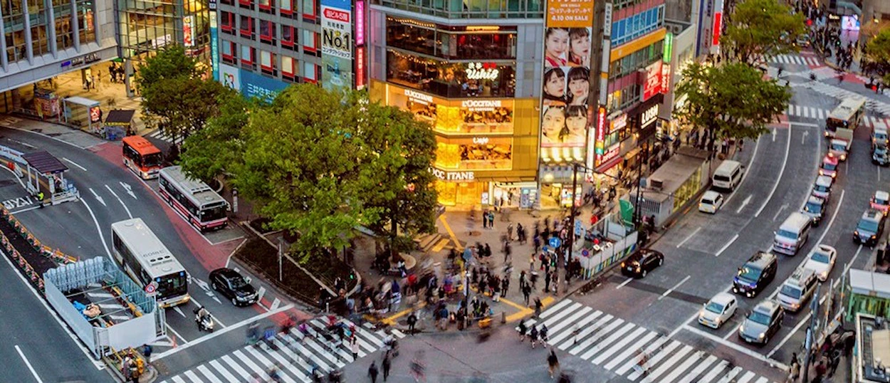 Bird's-eye view of Tokyo's Shibuya Crossing at rush hour