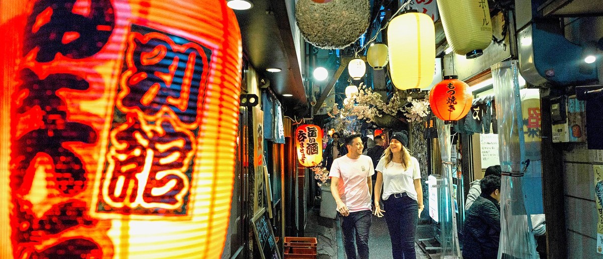 Red lanterns lighting the tiny bars of Tokyo's Omoide Yokocho