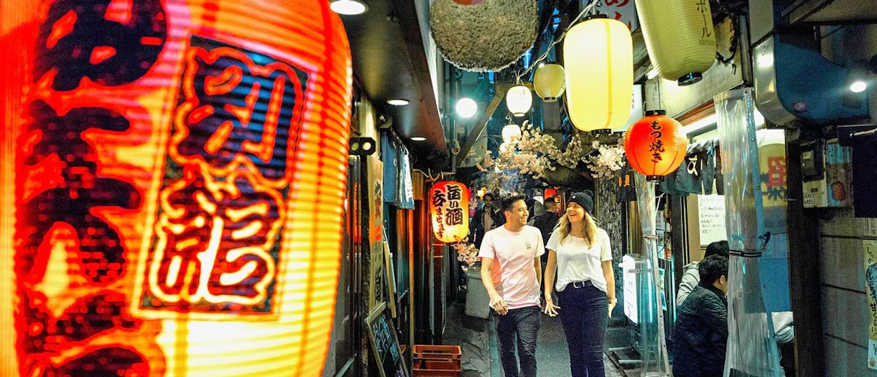 Red lanterns lighting the tiny bars of Tokyo's Omoide Yokocho