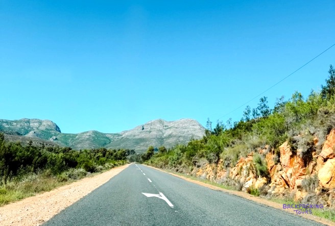Empty mountain road running between green bush, rocky cuttings and distant peaks