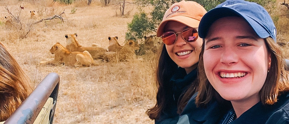 Two travellers grinning for a selfie from a safari vehicle as lionesses rest behind them