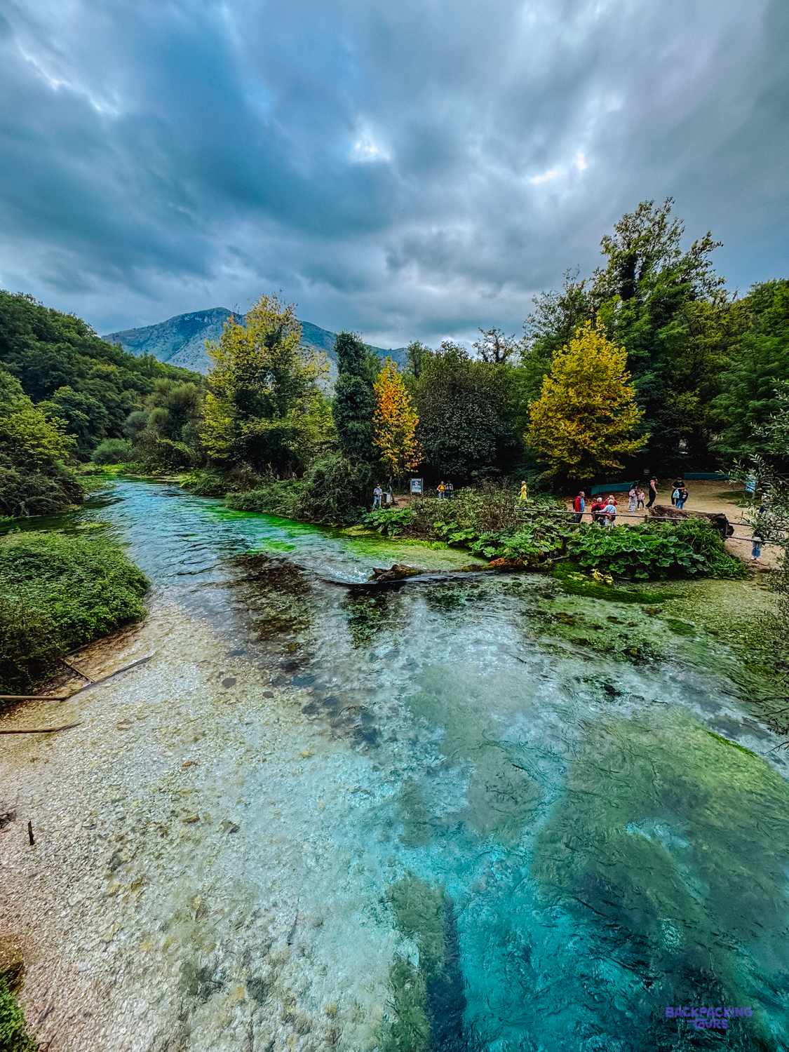 The bright green-blue stream flowing from the Blue Eye spring between leafy trees