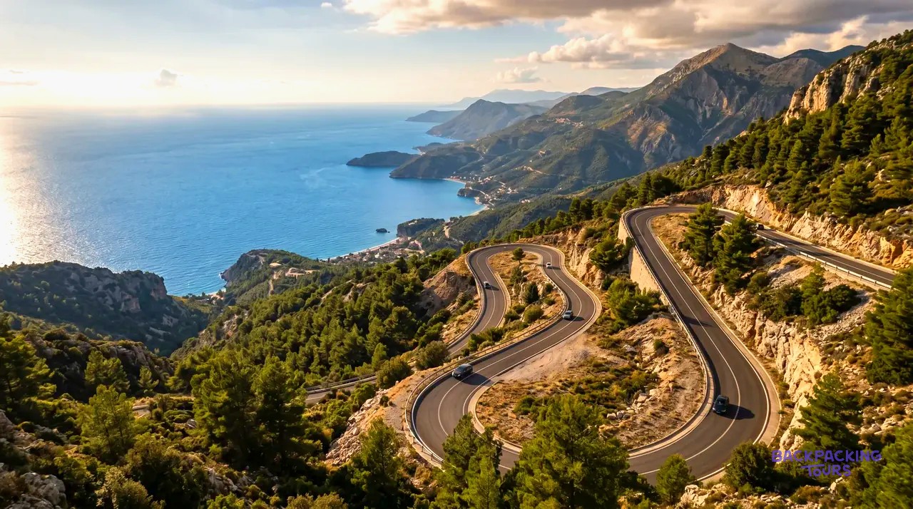 Hairpin bends of the Llogara Pass descending through pine forest towards the sea at sunset