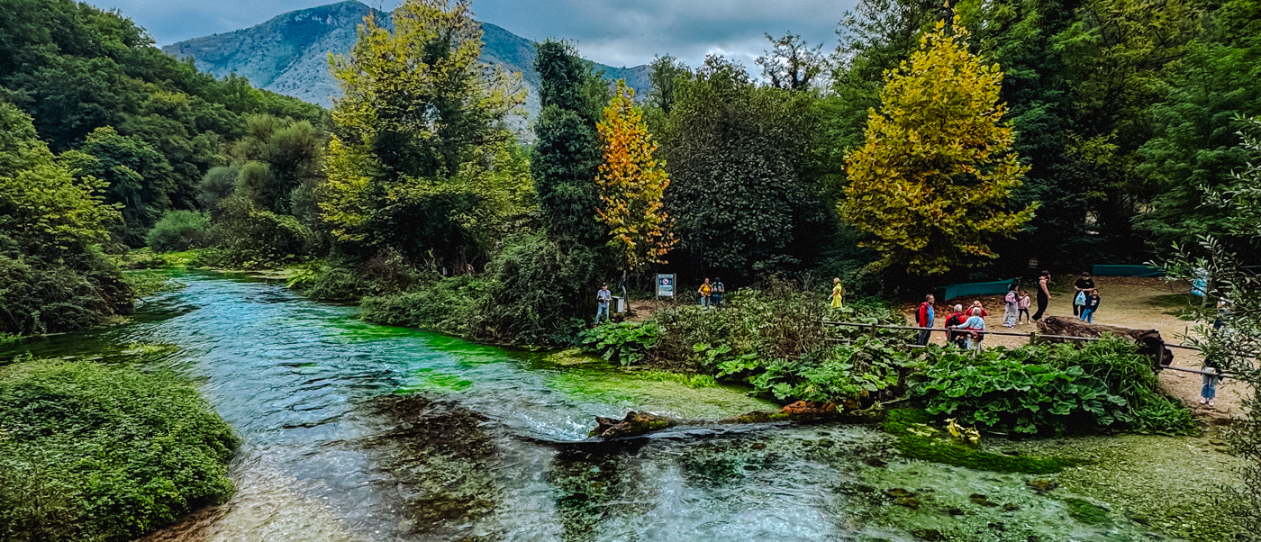 The bright green-blue stream flowing from the Blue Eye spring between leafy trees