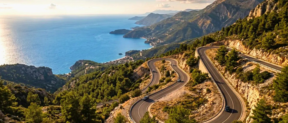 Hairpin bends of the Llogara Pass descending through pine forest towards the sea at sunset