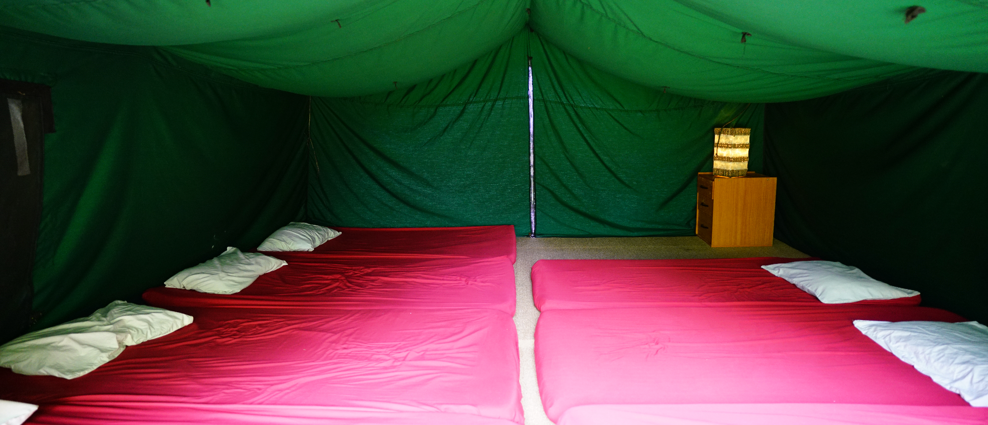 Inside view of a green camping tent with mattresses