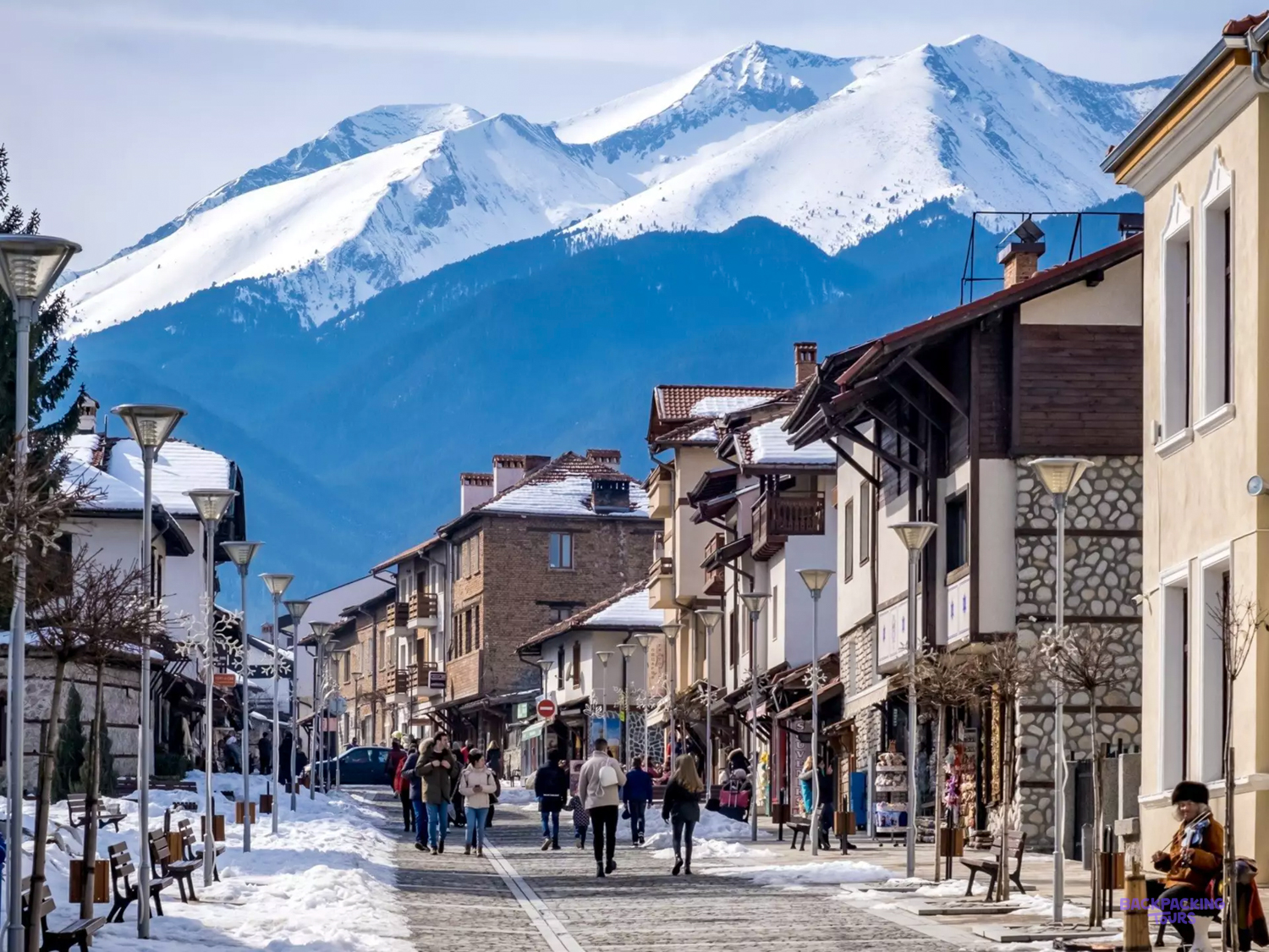 Snowy street in Bansko's old town on Day 1 of the Bulgaria ski trip