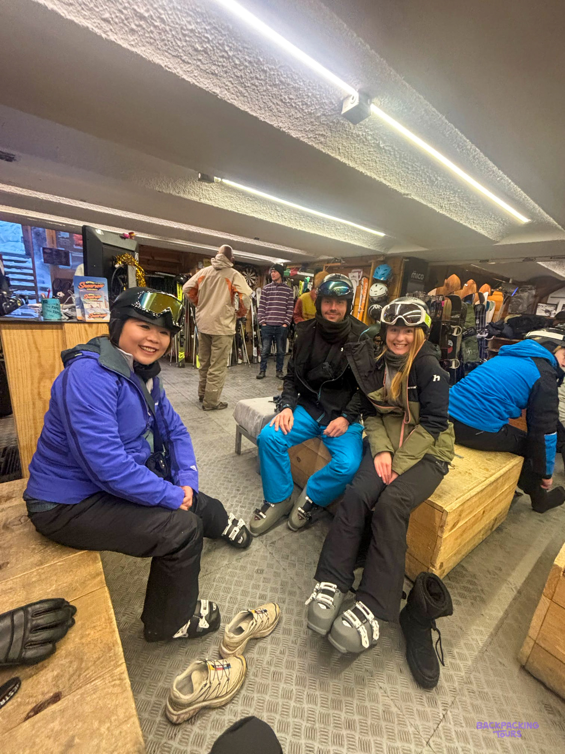 Getting fitted for ski boots and gear on Day 2 in Bansko