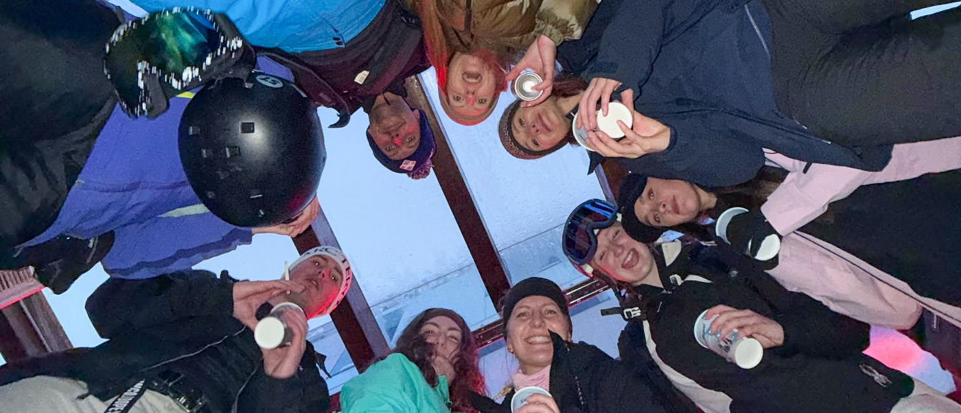 Group selfie having fun during the first ski day in Bansko