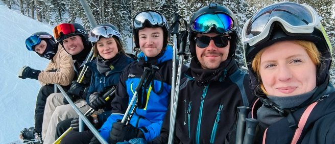 Crew group ready to hit the slopes on day five in Bansko