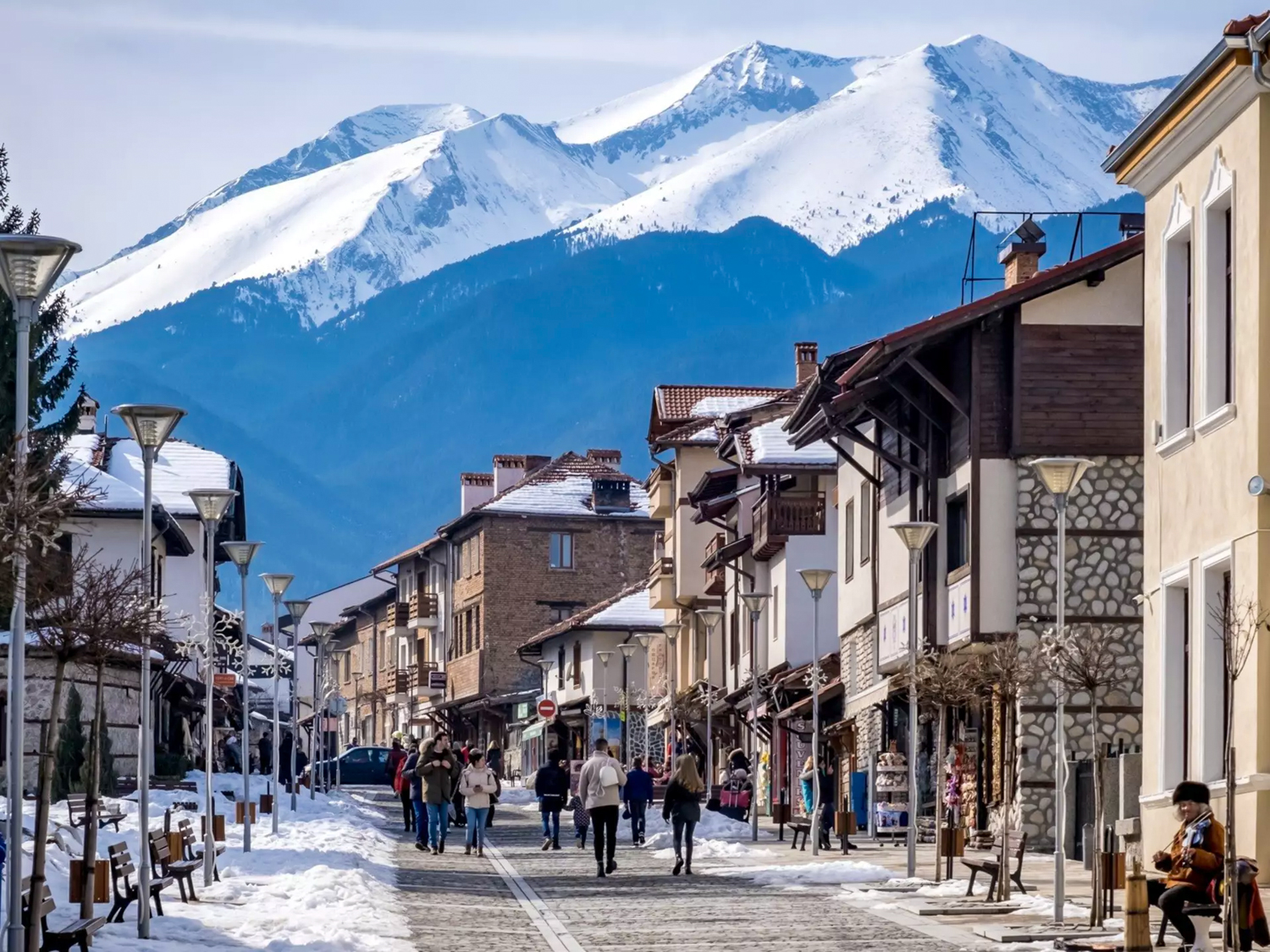 Snowy street in Bansko's charming old town, Bulgaria