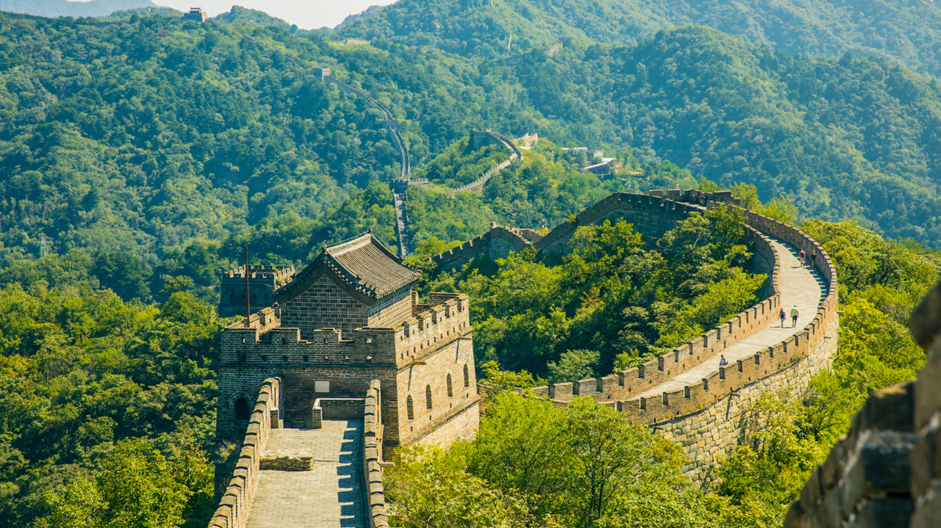 The majestic Great Wall of China extends across lush, forested mountains on a sunny day.